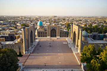Aerial view of Registan Square during sunset in Samarkand city, Uzbekistan 
