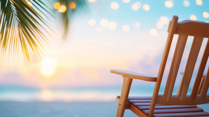 Empty wooden chair on beach at sunset with palm tree and string lights