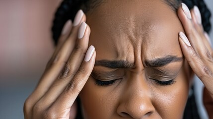 Fototapeta premium Afro woman enduring a severe headache. Her eyes closed and brow furrowed, fingertips gently pressing against her temples, gesture of pain and discomfort.