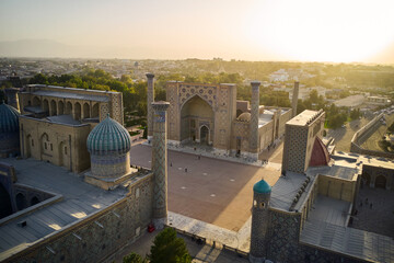 Aerial view of Registan Square during sunset in Samarkand city, Uzbekistan 