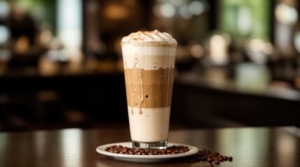 Coffee beans framing a layered latte on a counter 
