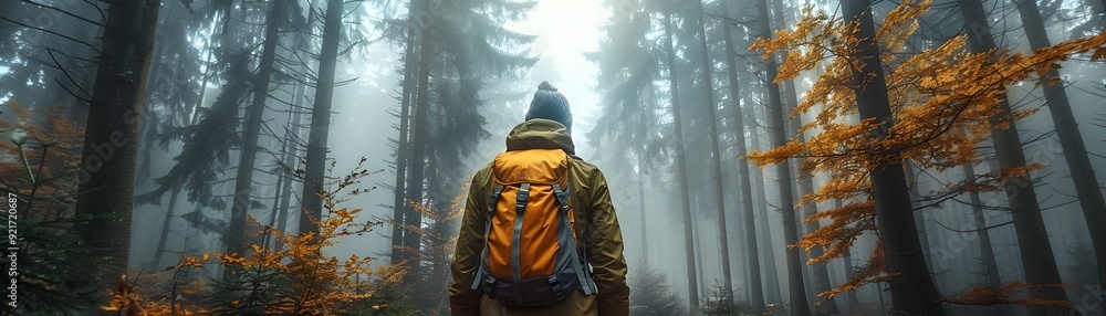 Poster hiker navigating through misty forest with towering trees and ethereal atmosphere