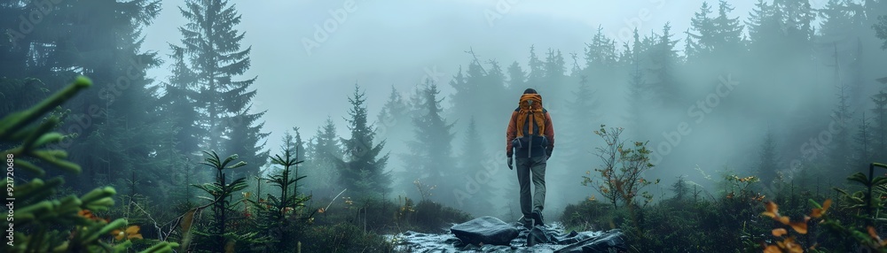 Sticker Hiker Trekking Through Misty Forest with Towering Trees and Ethereal Atmosphere