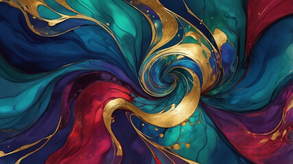 Mysterious Abstract: Rich Indigo, Emerald, and Ruby Red Shades with Metallic Gold Accents, Mesmerizing Swirls Evoking Luxury and Depth in a High-Detail Digital Illustration
