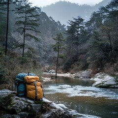 Hiker s Gear Drying on Rock After Forest River Crossing Hiking Concept with Copy Space