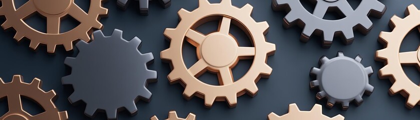 Obraz premium 3D interconnected gears with metallic finishes, technology abstract background, detailed and mechanical