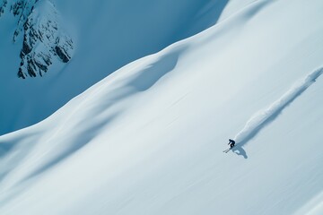 A lone skier gliding effortlessly over pristine snow in a breathtaking mountain landscape.