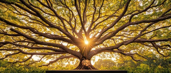 A majestic tree with sprawling branches bathed in golden sunlight, representing growth and nature's beauty.