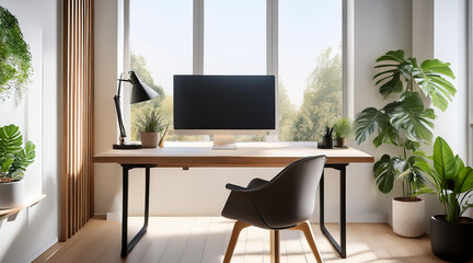 Modern, minimalistic home office setup with a clean desk, ergonomic chair, large monitor, and green plants