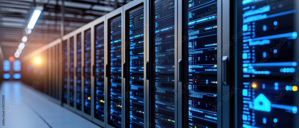 Poster a modern data center with rows of server racks illuminated by blue lights, showcasing technology and