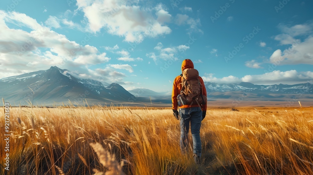 Canvas Prints lone hiker stands amidst swaying grass field with majestic mountains in the distance