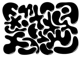 Set of liquid organic shapes. Abstract irregular random blobs. Black wavy bubbles and drops in trendy y2k style.