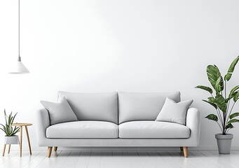 A white sofa with wooden legs in a minimalist living room with a potted plant and a small side table.