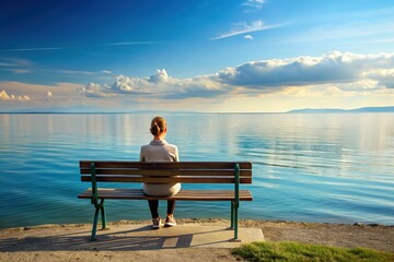 a gentle soul sits alone on a weathered bench, gazing contemplatively into the vast, calm waters of the tranquil bay.