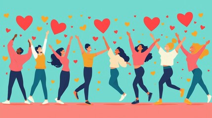 Joyful group of people celebrating with hearts in a colorful backdrop. Perfect for themes of love and community.