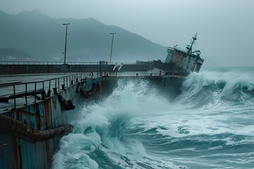 Generative ai on theme of a scary tsunami with huge foamy wave, apocalyptic dramatic background