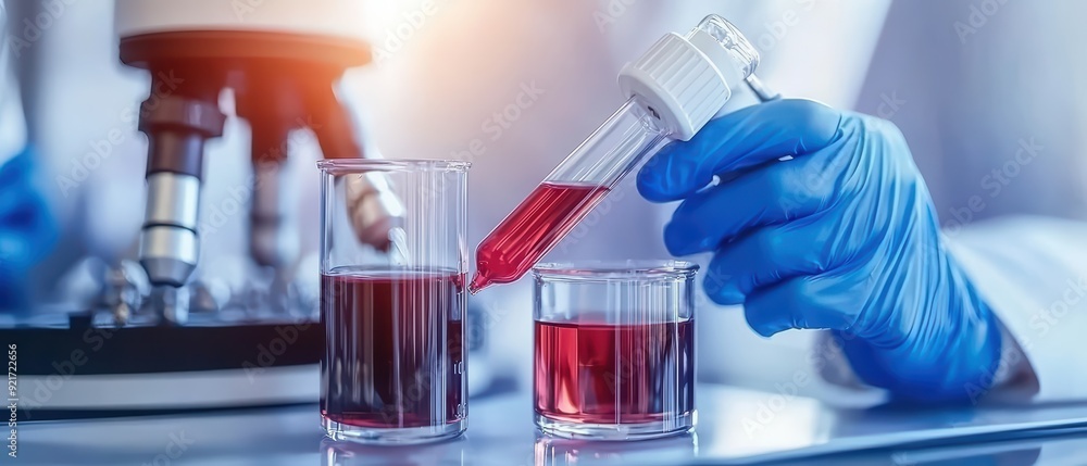 Poster a scientist conducts an experiment using a pipette to transfer red liquid into glass containers in a