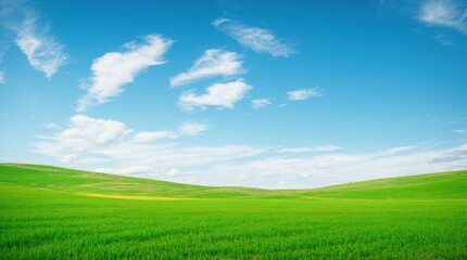 Fototapeta premium Colorful grassy terrains under a clear sapphire sky adorned with fluffy white clouds 