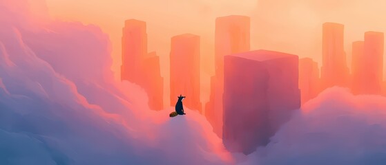 Fototapeta premium A serene landscape depicting a figure overlooking dreamy, colorful clouds and abstract structures at sunset.
