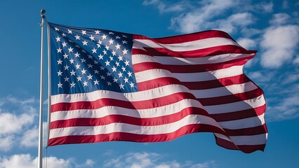 Obraz premium A vibrant United States flag waves against a partly cloudy sky, symbolizing American patriotism and national pride.
