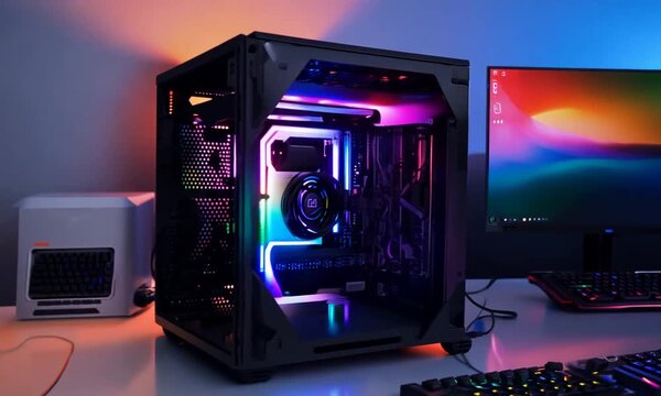 Gaming PC with rainbow LED light. Liquid cooled computer. Powerful PC in a glass case with keyboard. Gamer's workplace in a dark room, neon light