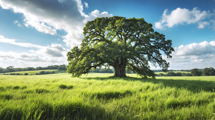 Majestic Oak Tree: Serene Countryside Panorama with Lush Green Fields