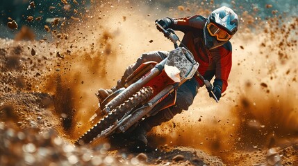 Dirt biker speeding through rocky desert terrain kicking dust generated with AI