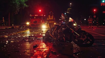 Motorcycle accident scene on wet urban street generated with AI