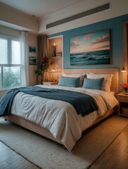 Comfortable bedroom featuring tidy bed, oceanic art & azure hues 
