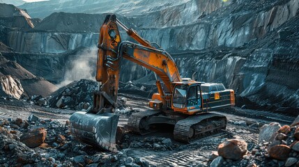 Heavy machinery working in a quarry with mountains generated with AI