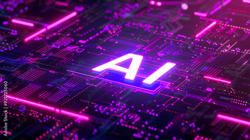 Poster Processor or microchip with AI text on circuit board. Artificial intelligence background illustration. Core of artificial intelligence machine with neon light of energy. computer technology, data