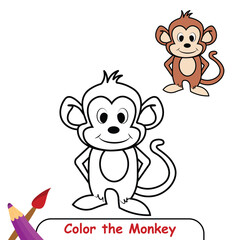 Monkey coloring page colored illustration, coloring book or coloring page for kids, monkey line drawing, monkey vector illustration