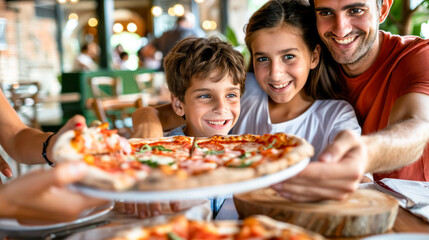 Mom, dad and daughter are eating together pizza at pizzeria. Happy family eating pizza at...