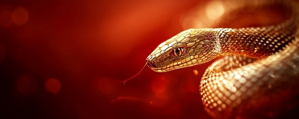 Fototapeta premium Chinese New Year 2025 ,Close-up of a golden snake against a vibrant red background, showcasing intricate scales and a striking gaze.