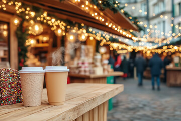 Steaming Hot Beverages at a Festive Outdoor Market with String Lights