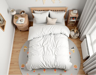 Cozy Bedroom with White Comforter and Wooden Furniture in Warm Light