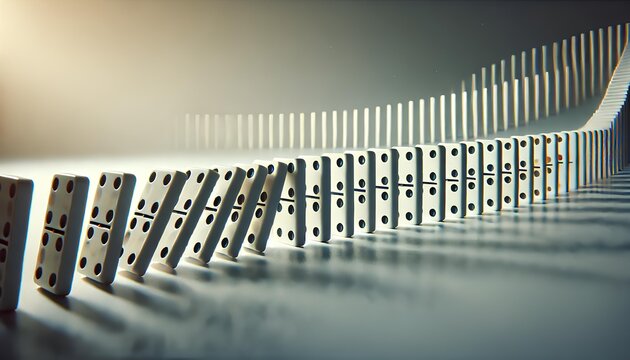 Domino pieces are lined up and about to fall in a chain reaction, symbolizing the delicate balance before a collapse.