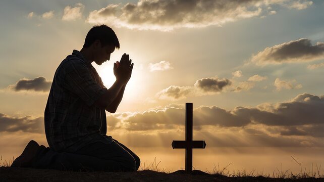 The silhouette of a young man on his knees, praying with clasped hands at sunrise, representing the trinity and the sanctification of the soul.