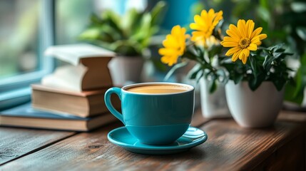 Coffee Break with Flowers and Books.
