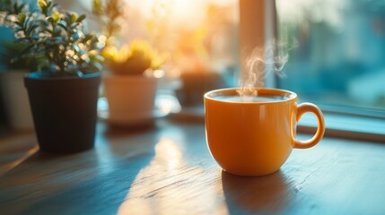 Steam Rising From a Cup of Coffee on a Windowsill.