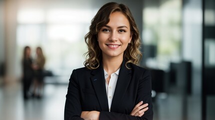 Naklejka premium Confident businesswoman standing gracefully, arms folded in elegant attire 