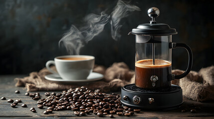 coffee beans scattered around a classic manual coffee grinder, with a French press and a steaming cup of coffee in the background