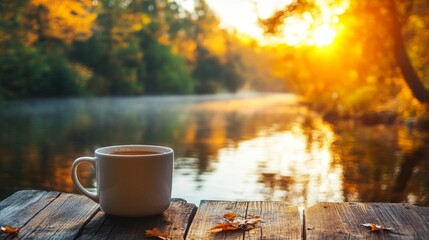 Obraz premium Cup of Tea by the River at Sunset.