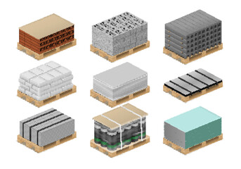 Construction and building materials perspective package on pallet set realistic vector illustration
