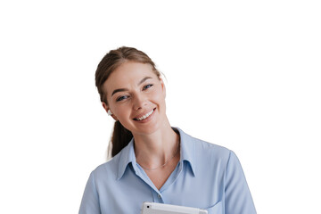 Smiling businesswoman holding a tablet, wearing a light blue shirt with wireless earbuds, expressing positivity and readiness in a professional setting against transparent background