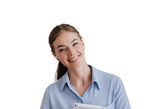 Smiling businesswoman holding a tablet, wearing a light blue shirt with wireless earbuds, expressing positivity and readiness in a professional setting against transparent background