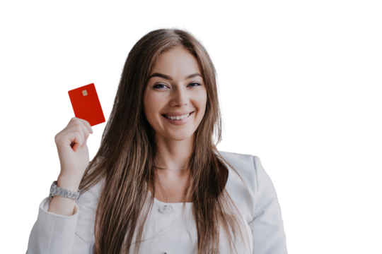 young woman in a white outfit smiling confidently while holding a red credit card, representing financial security and modern consumerism against transparent background
