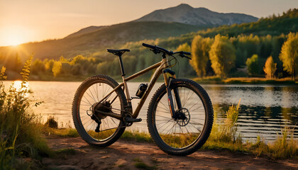 Fototapeta premium Bicycle in sunset city near lake, sport cycling active