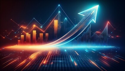 Fototapeta premium A glowing blue arrow pointing upwards, accompanied by graphs and lines representing financial growth and success.