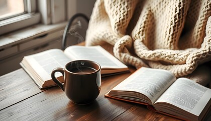 Steaming cup of coffee on a table next to an open book and a soft blanket, captured with a standard lens in soft morning light. Showcasing a warm and relaxing atmosphere.